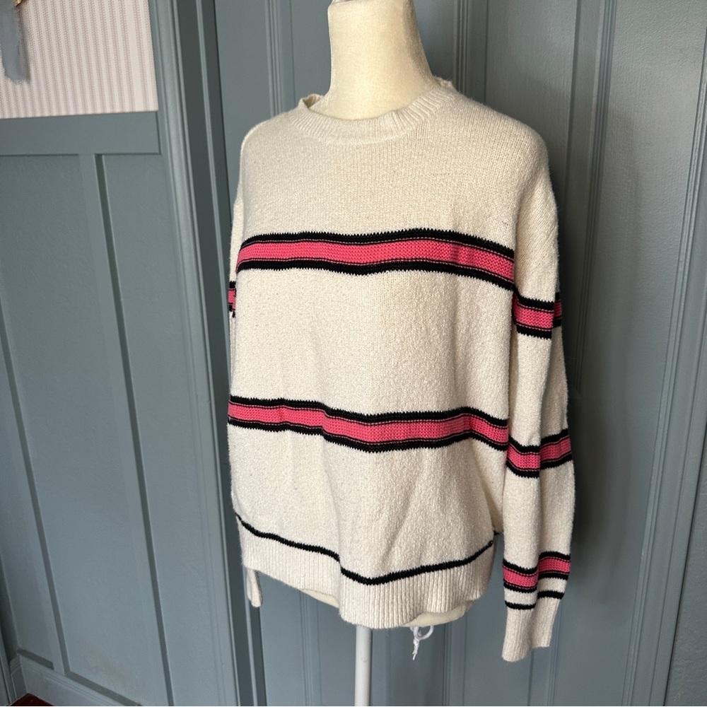 BP Nordstrom Women's Cream Sweater with Pink and Black Stripes S - Picture 2 of 7